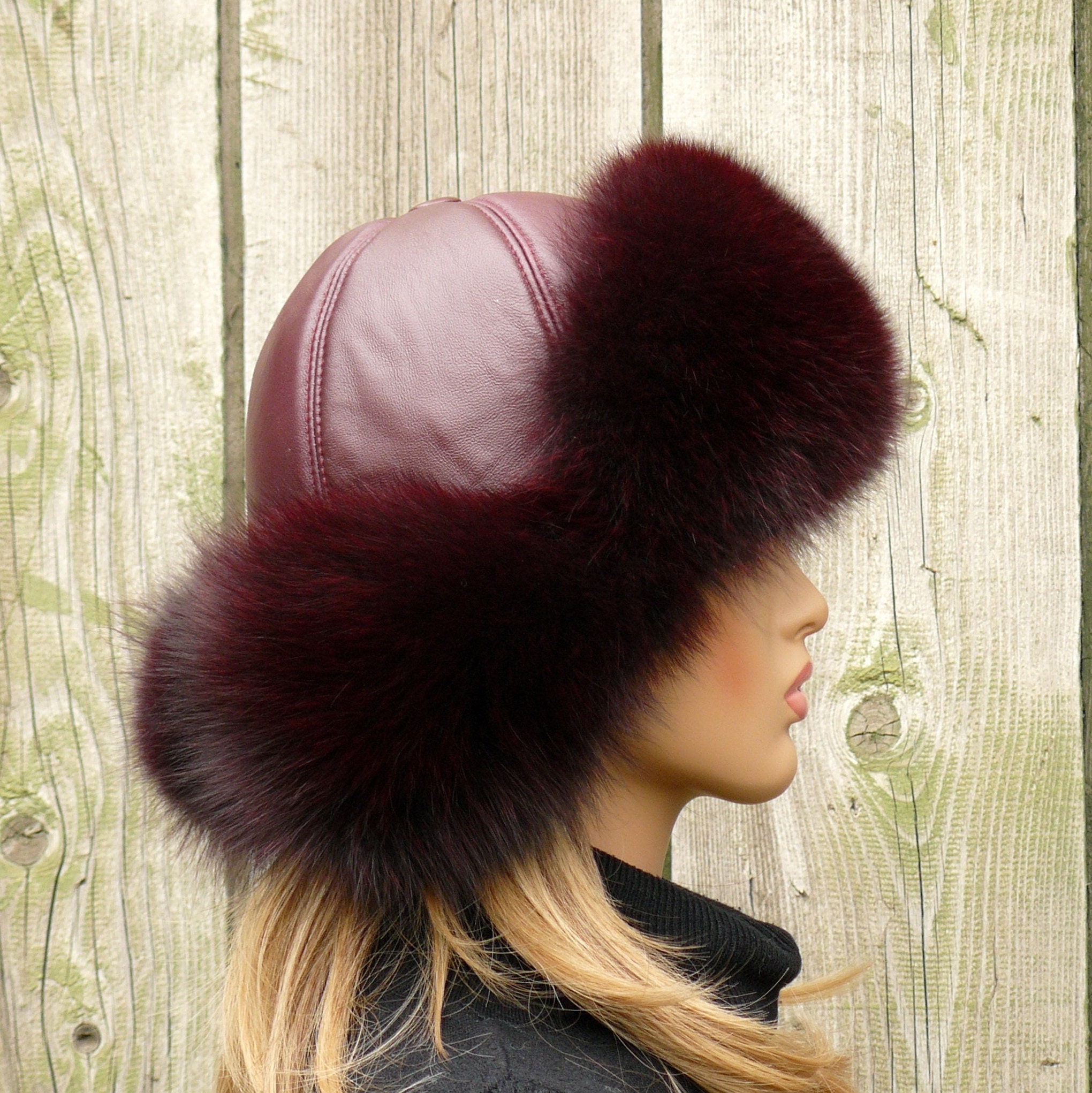 Burgundy Fur Trapper Hat With Ear Flaps, Genuine Fox Fur, Winter