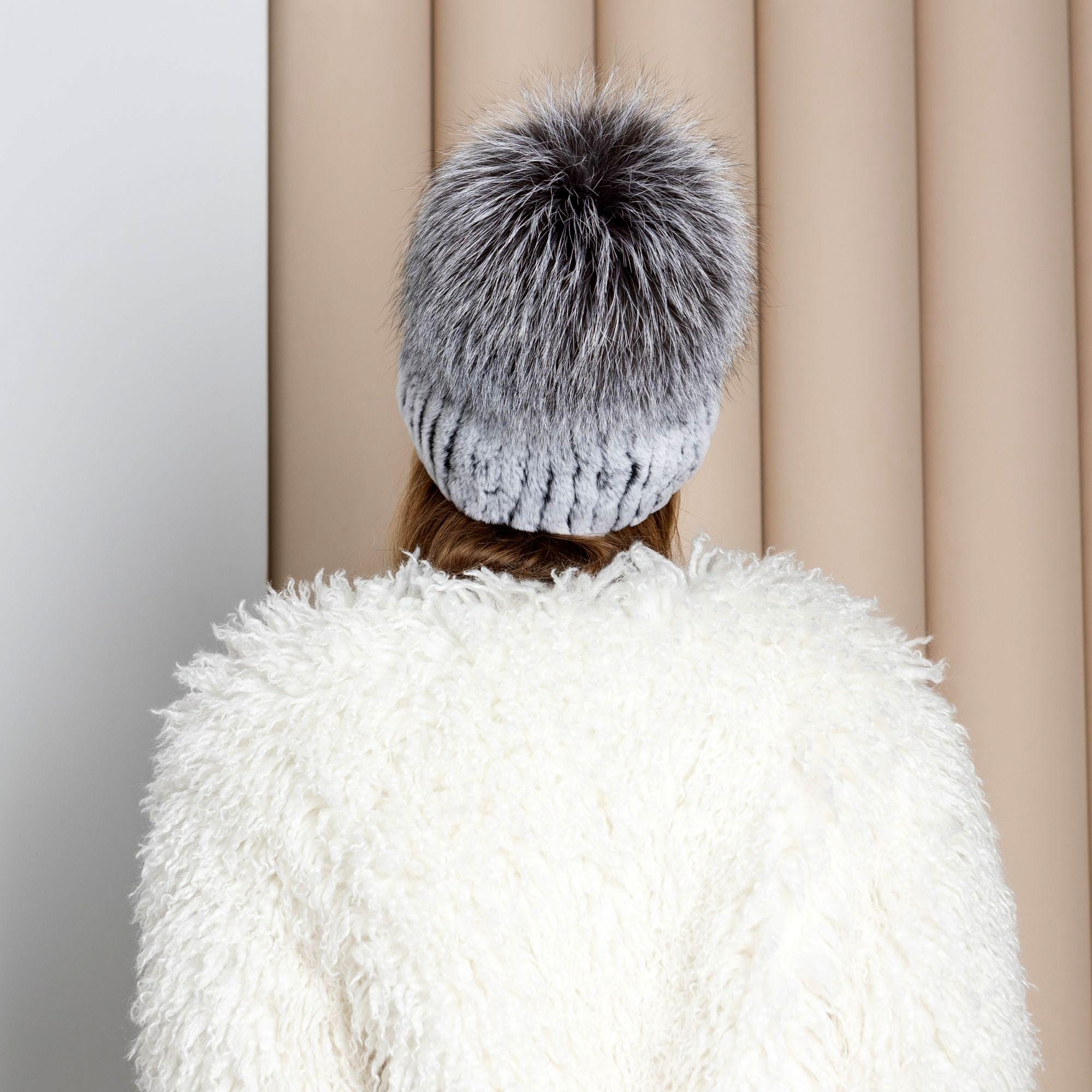 Hat trapper Gray Knit Pom Pom Hat rabbit Fur Trim Womens Knit Trapper Hat main image 3
