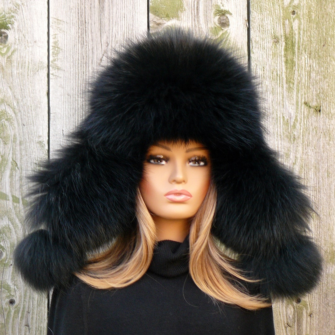 ?Womens Black PU  Leather Trapper Hat with Faux Fur Lining Warm Aviator Hat Womens Faux Fur Fuzzy Trapper Hat Winter Ear Flap Trooper  main image 2