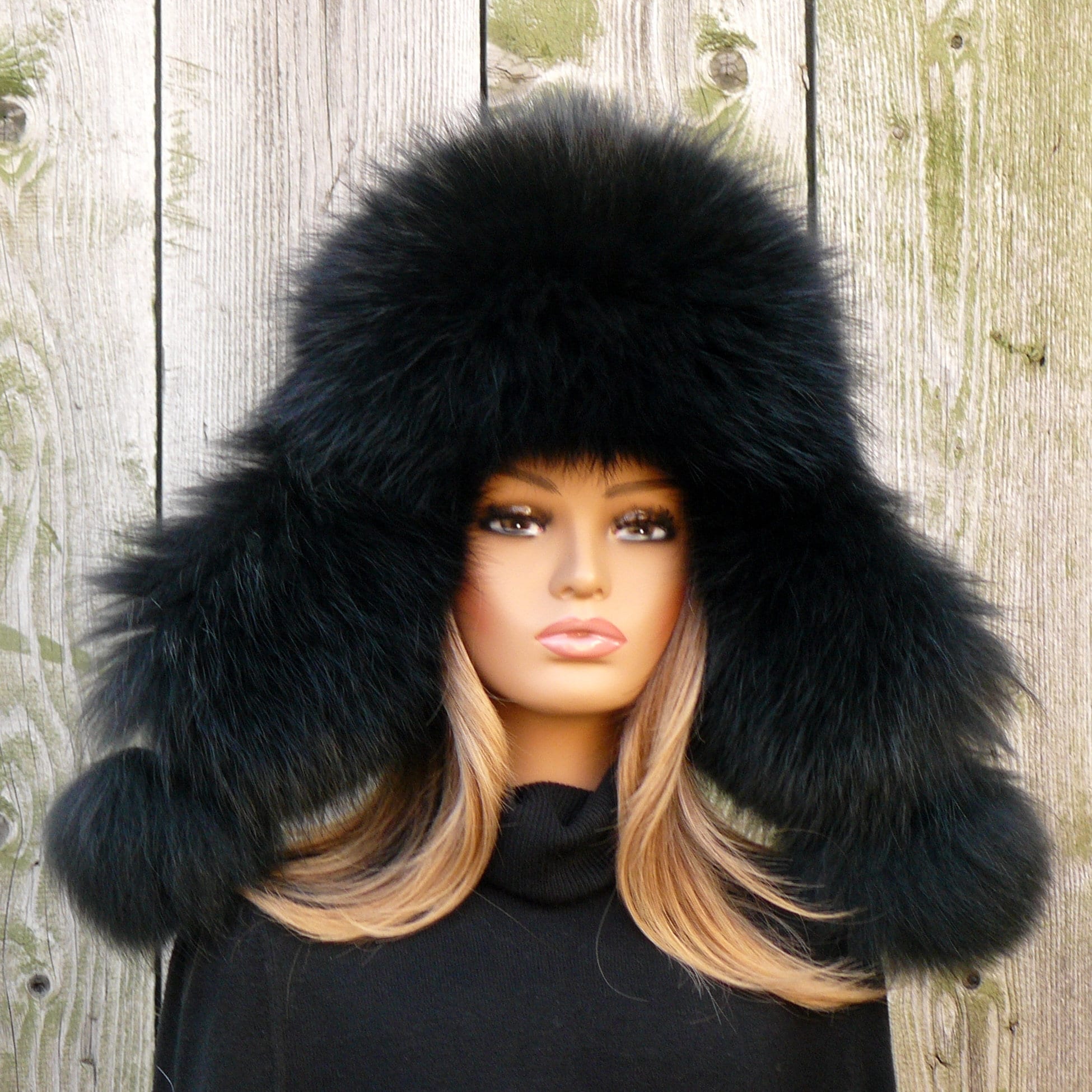 Black Raccoon Trapper Hat Women, Fluffy Aviator Hat, Fur Bomber