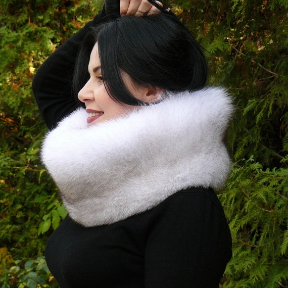 Black Fluffy Snood, Real Fox Fur Collar, Gift for Mother's