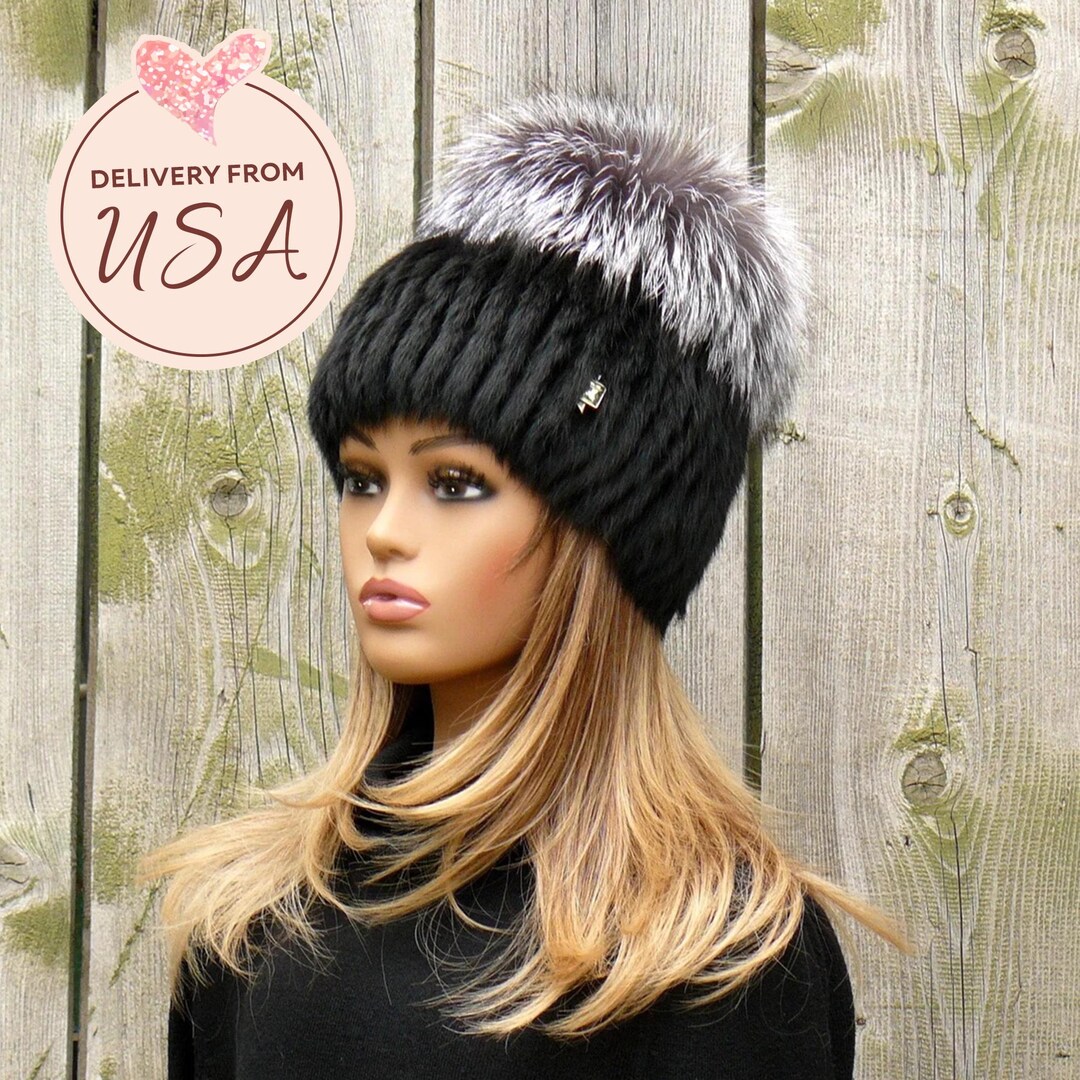 Knitted Rabbit Fur Women's Trapper Hat Silver Top, Pom Pom Winter