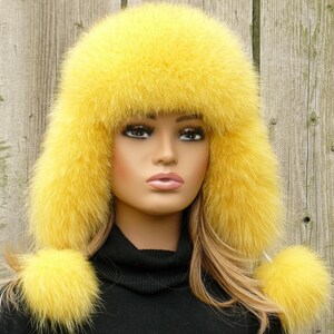 Orange fur hat for women, Fur trapper hat, Fluffy hat ear flaps, Warm ushanka, Fuzzy hat, Winter furry bomber hat, Gift for mom Gift for her Yellow