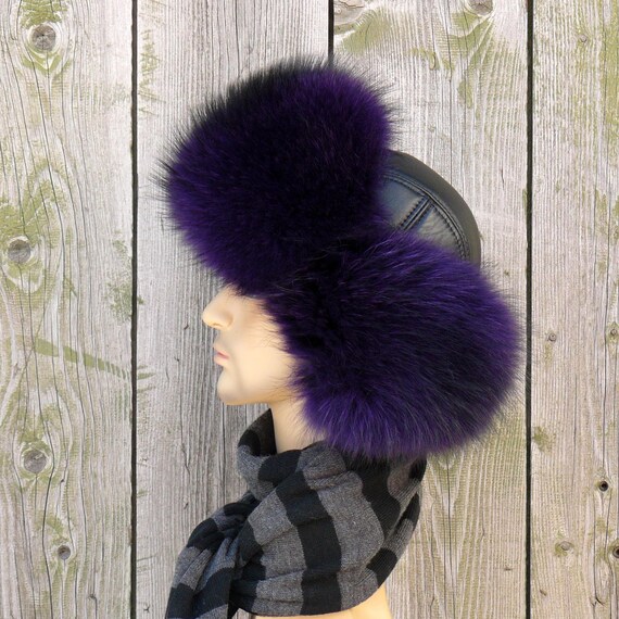 Real Fur Trapper Hat for Men, Purple Raccoon Fur Hat, Warm  display picture 1