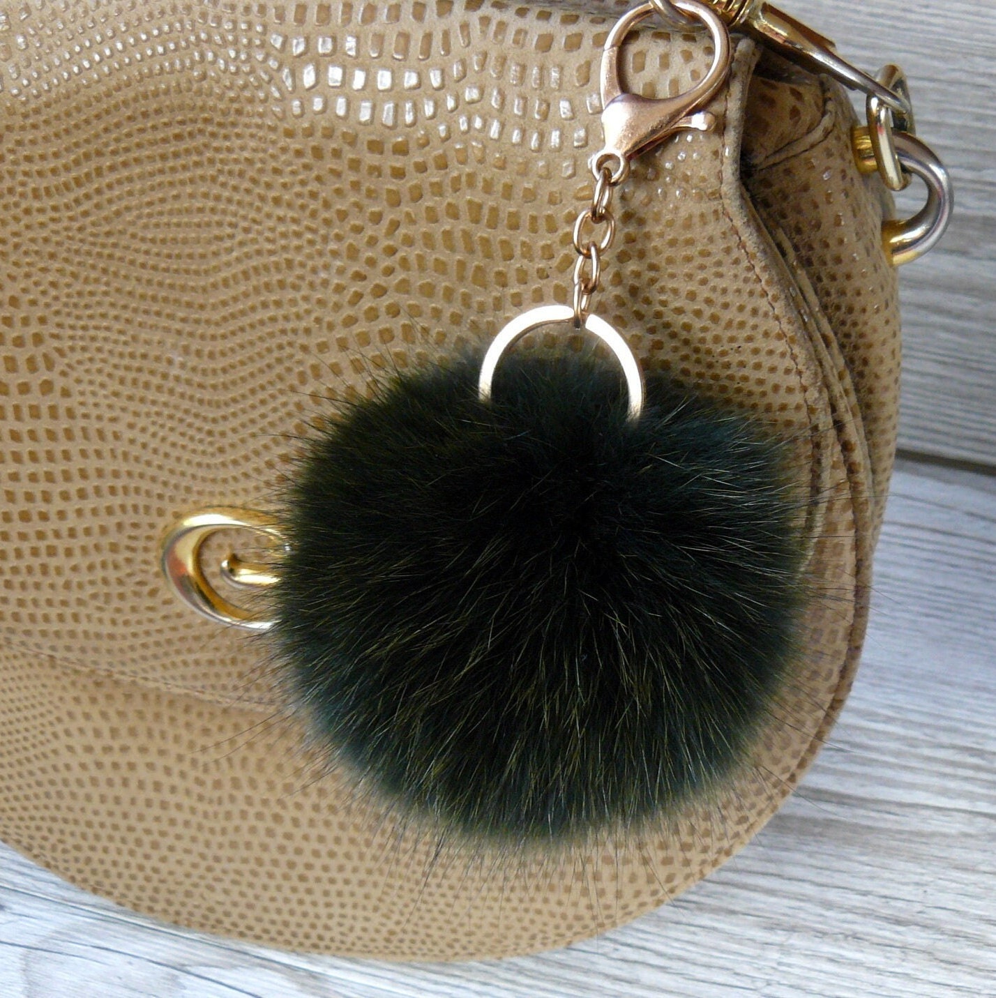 Fluffy Pom Pom Bag Charm, Dark Green Furry Keychain, Fur