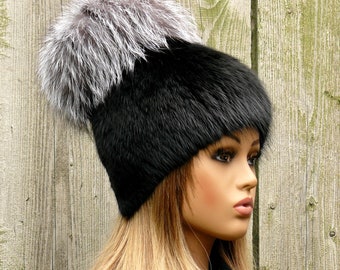 Black mink beanie, Fur hat with silver fox pompom, Mink hats for women, Warm hat with pom pom, Winter fashion hat, Ladies fur hat, Mom gift