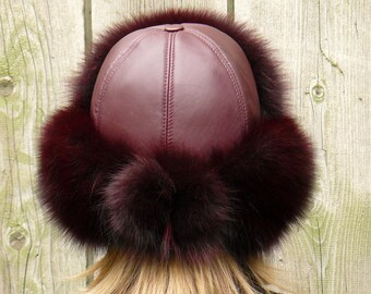 Burgundy Fur Trapper Hat With Ear Flaps, Genuine Fox Fur  display picture 2