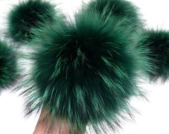 Raccoon fur pompom, Green pom poms for hat, Tie on fur pom pom, Removable fluffy bommel, Craft supply, Detachable raccoon fuzzy pompon