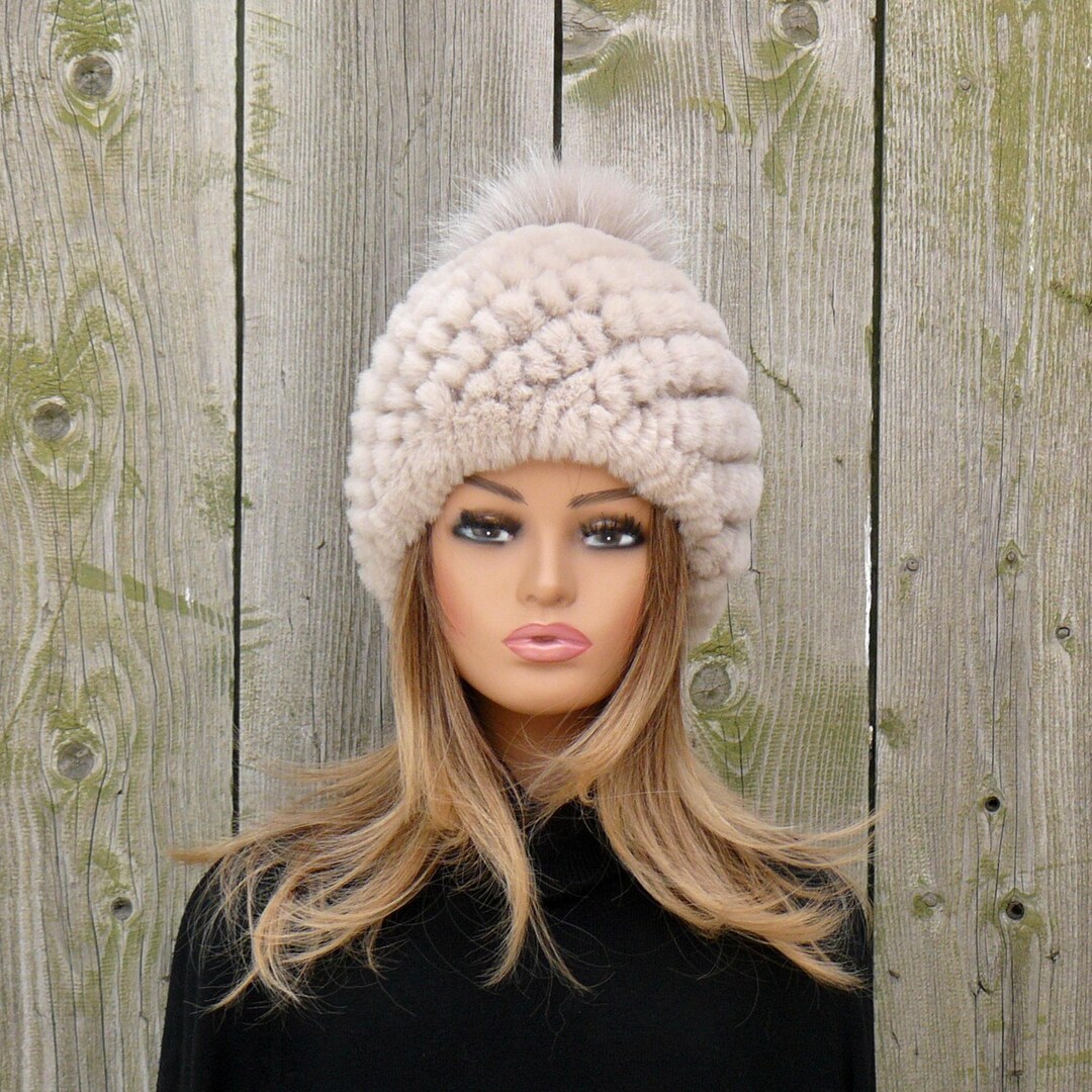 Knitted Rex Rabbit Fur Hat, Beige Furry Hat, Natural Fur Winter Beanie ...