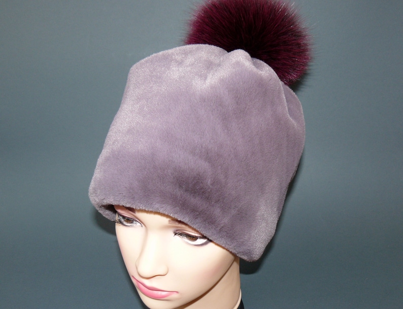 Handmade Hat Soft warm Gift for her Gray Fur hat for women Winter hat Faux fur hat with real fox fur pompom Bag Accessories