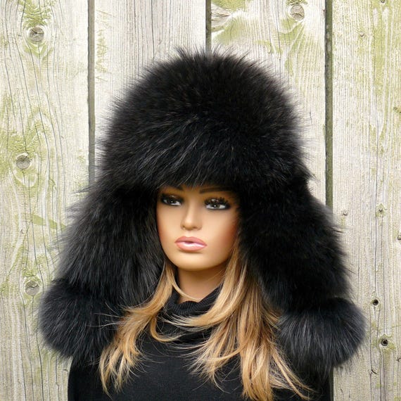 Dark Gray Furry Ushanka Hat, Real Fur Trapper Hat With Ear Flaps Dark Gray Furry Ushanka Hat, Real Fur Trapper Hat With Ear Flaps