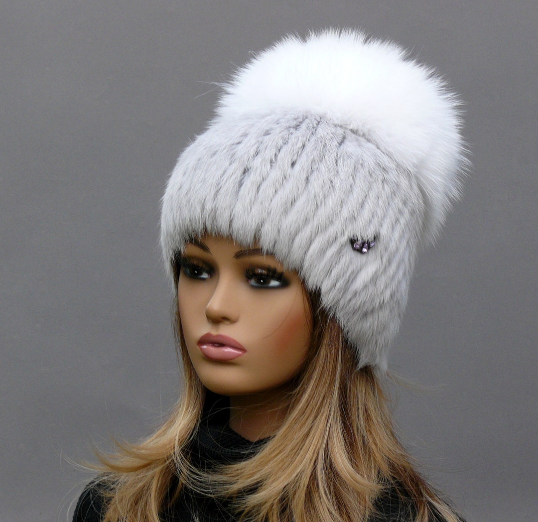 Real Rabbit Fur Hat With Fox Fur Top, Natural Fur Pom Pom Winter Hat, Women Hat, Fashion Fluffy