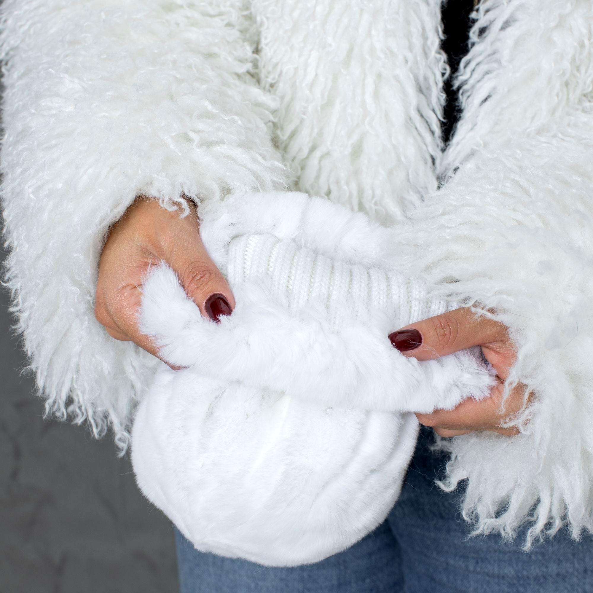 Knitted Fur Beanie Hat, Women's Winter Hat, Silver Furry Hat