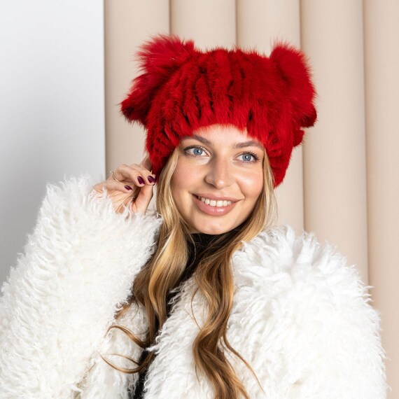 Red Fluffy Hat With Pompoms, Mink Fur Beanie Hat, Mink Hat  display picture 1