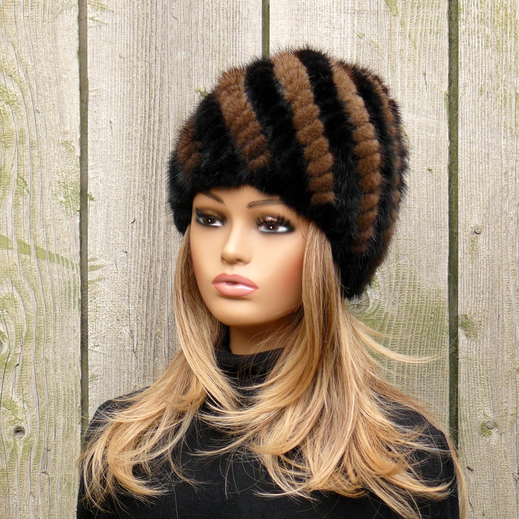 Mink Hat Real Fur Hat Knit Furry Womens Brown Women main image 3