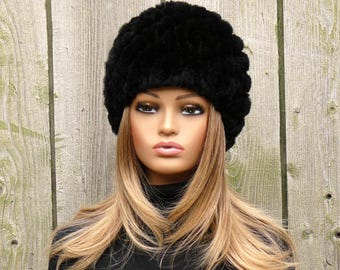 Knitted Black Fur Beanie Hat, Fluffy Winter Headwear, Women's Real REX Rabbit Fur Hat, Birthday Gift for Sister or Wife