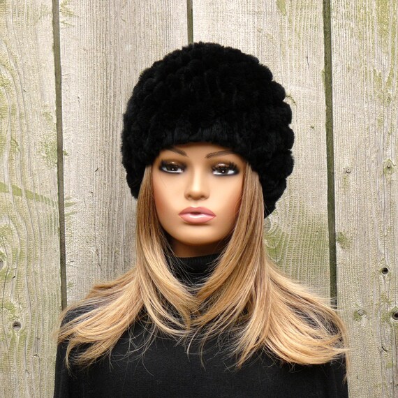 Knitted Black Fur Beanie Hat, Fluffy Winter Headwear  display picture 1