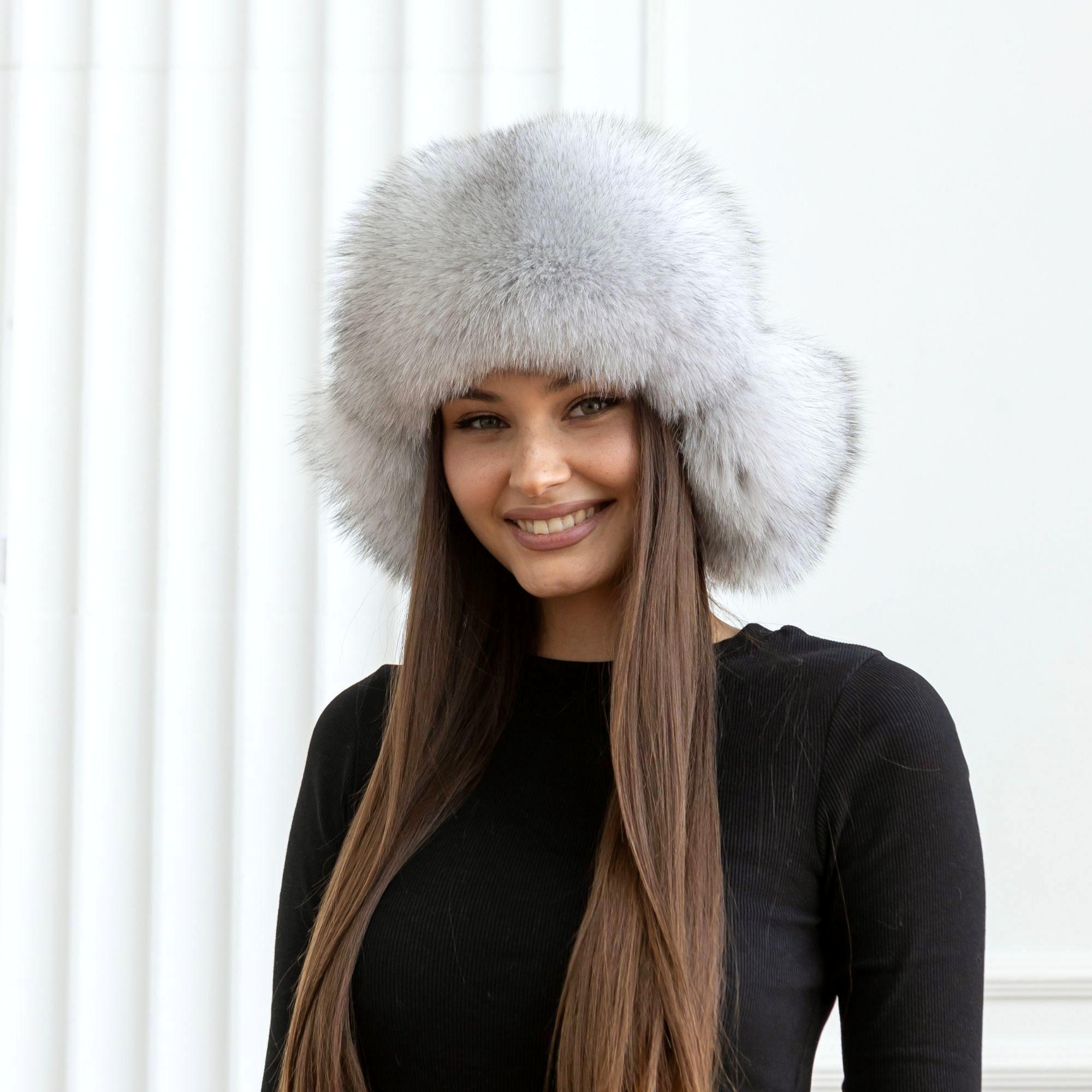 White Fox Fur Trapper Hat With Ear Flaps, Real Black Leather
