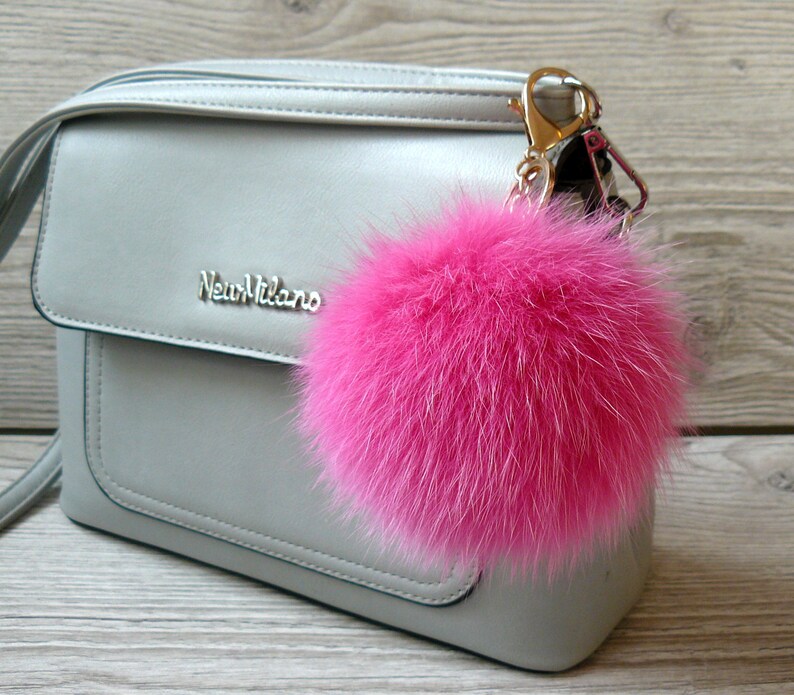 Real fur pompom keychain Furry key chain bag charm Fluffy | Etsy
