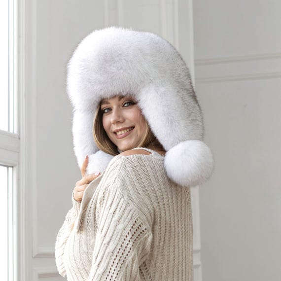 White Real Arctic Fox Fur Trapper Hat With Ear Flaps, One-piece