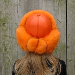 Orange fur hat for women, Fur trapper hat, Fluffy hat ear flaps, Warm ushanka, Fuzzy hat, Winter furry bomber hat, Gift for mom Gift for her image 5