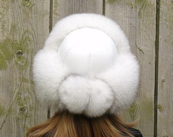 Snow White Saga Fox Fur Trapper Hat, Real Leather Ushanka, Winter