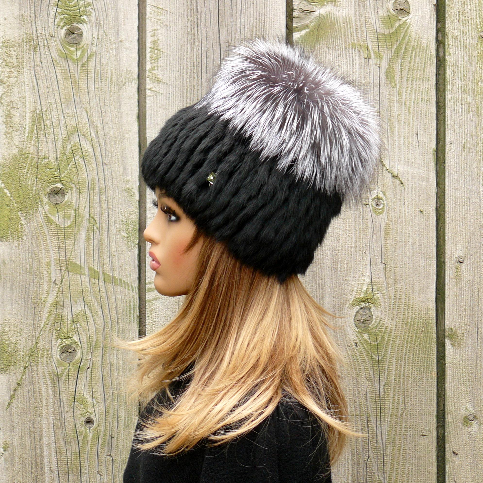 Knitted Rabbit Fur Women's Trapper Hat Silver Top, Pom Pom Winter