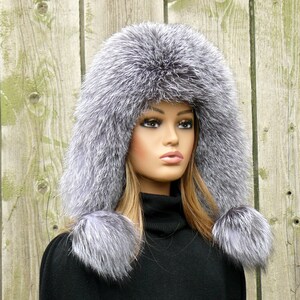 Silver Fox Fur Trapper Hat, Fluffy Winter Hat, Women display picture 2
