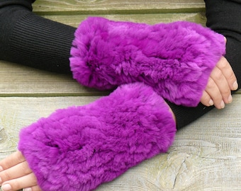 Hot Pink Fingerless Gloves Women, Plush Fur Fingerless Mittens, Rabbit Fur Mittens, Warm Fur Gloves, Hand Warmers, Fur Accessories for Her