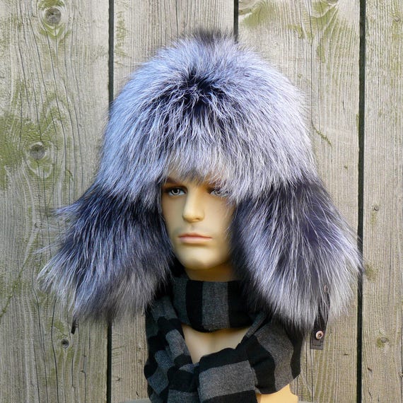 Real Silver Fox Trapper Hat for Men, Oversized Men