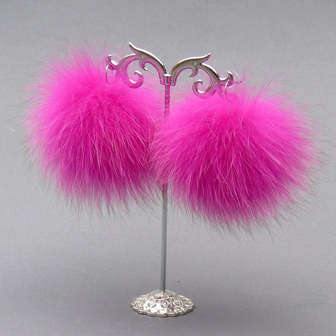Mini Hot Pink Fuzzy Pom Pom Stud Earrings - Surgical Steel Posts (S185) - View #5