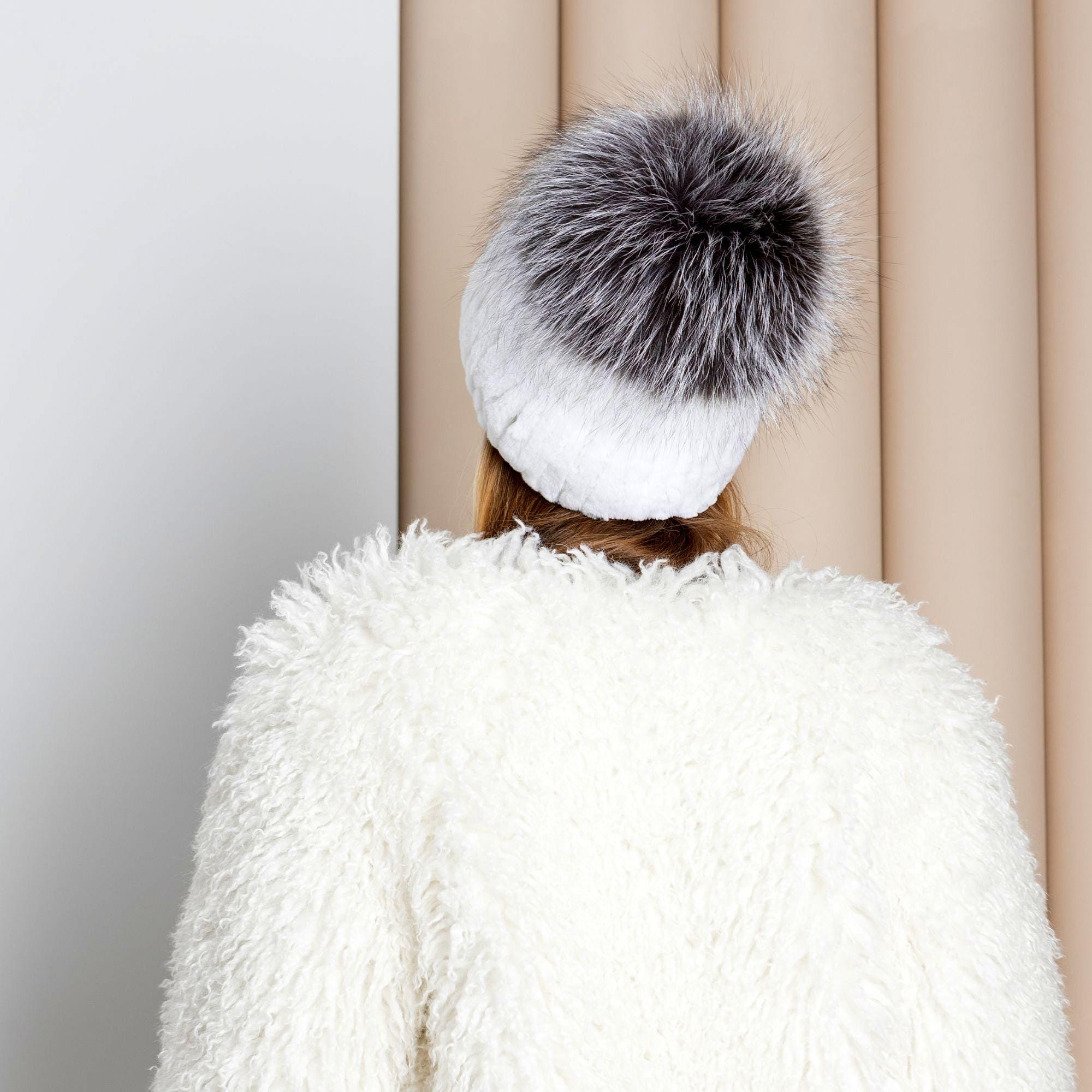 Silver Rabbit Fur Beanie With Fox Pom Pom, Real Fur Hat 