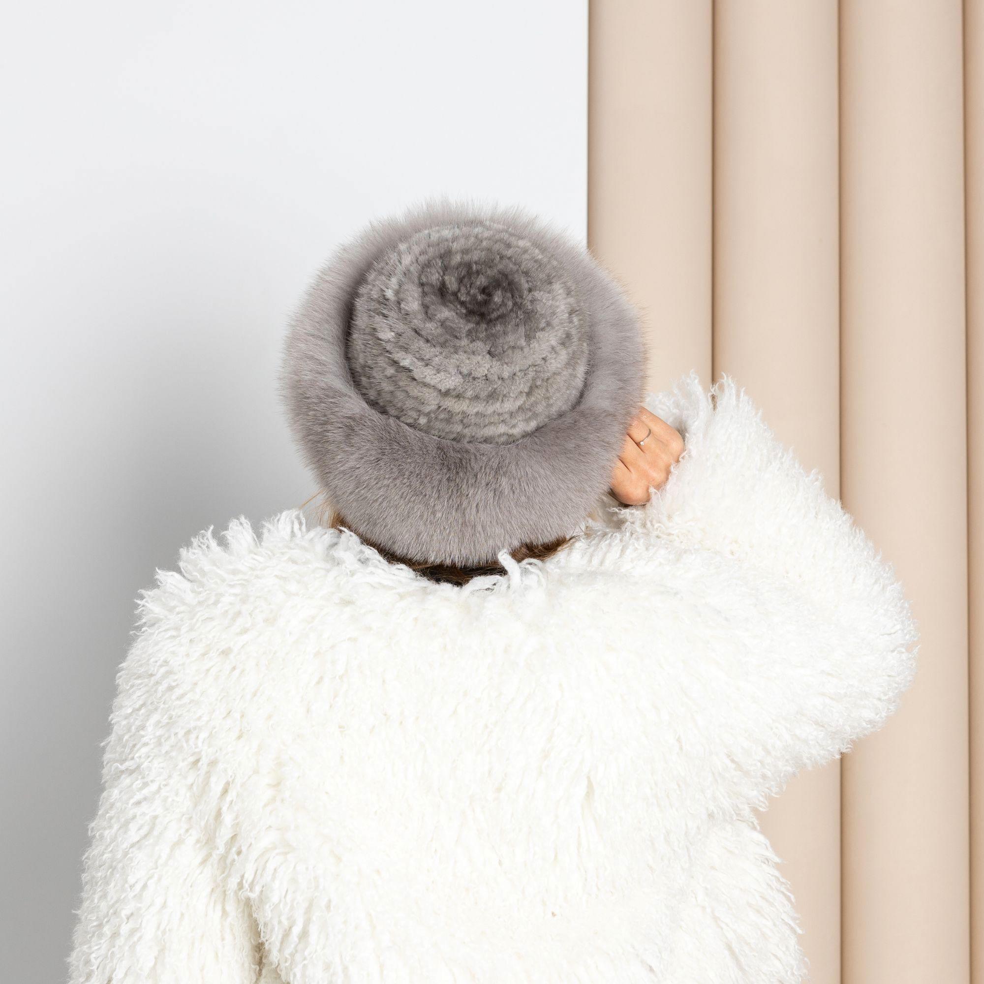 Mink Hat Women, Real Fur Knitted Hat With Fox Fur Trim, Fluffy