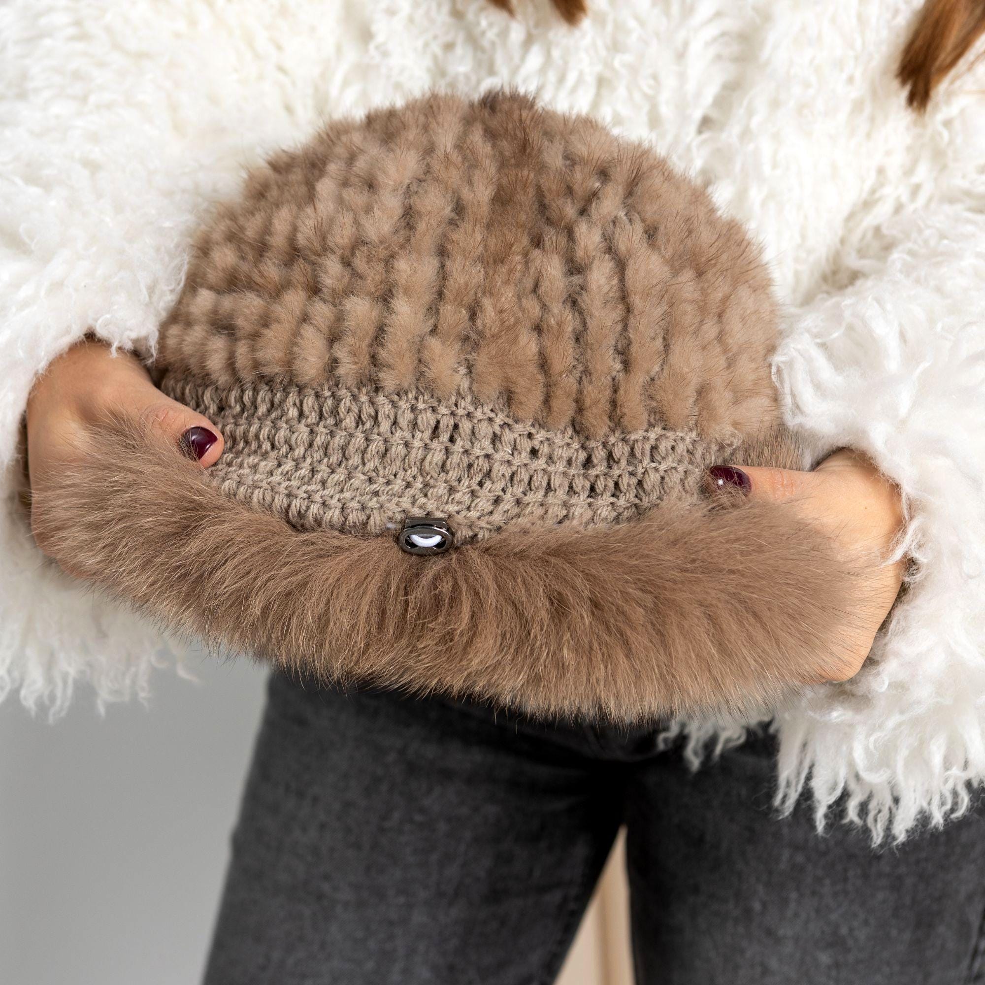 Mink Hat Real Fur Hat Knit Furry Womens Brown YXCFEWD Mink Hat Real Fur Hat Knit Furry Womens Russian Hat  main image 3