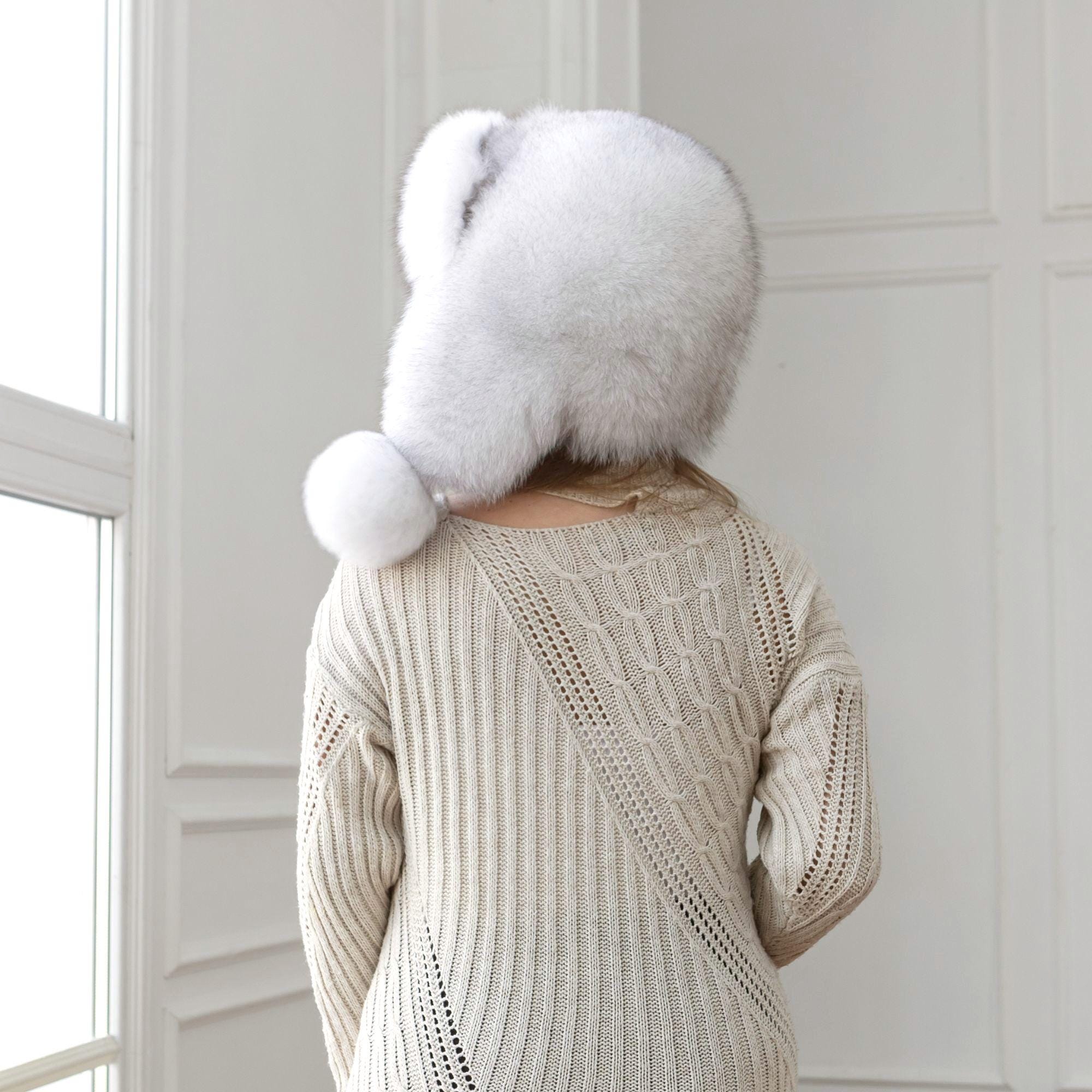 White Real Arctic Fox Fur Trapper Hat With Ear Flaps, One  display picture 2