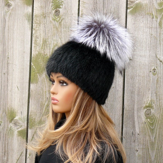 Black Mink Fur Beanie Hat With Fluffy Pompom, Knitted Mink Hat