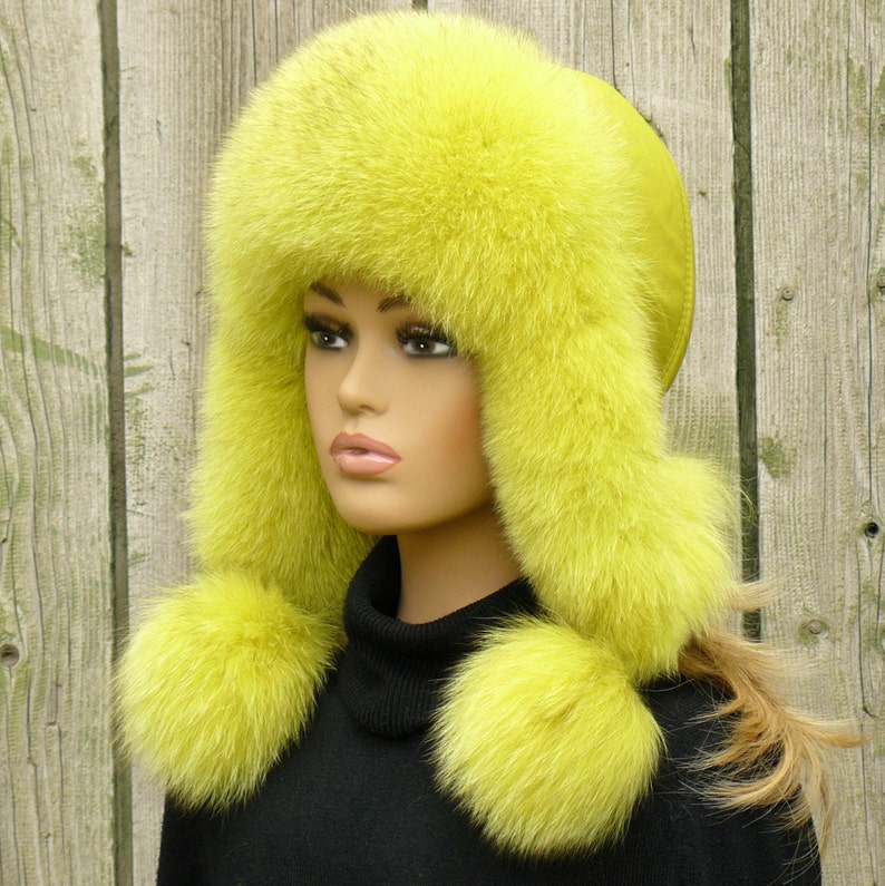 Orange fur hat for women, Fur trapper hat, Fluffy hat ear flaps, Warm ushanka, Fuzzy hat, Winter furry bomber hat, Gift for mom Gift for her Lime