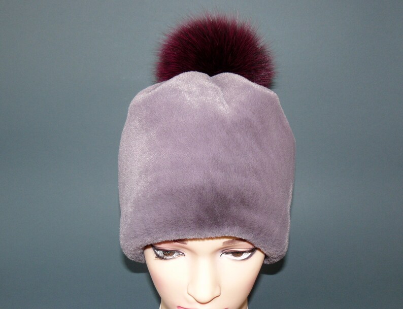 Handmade Hat Soft warm Gift for her Gray Fur hat for women Winter hat Faux fur hat with real fox fur pompom Bag Accessories