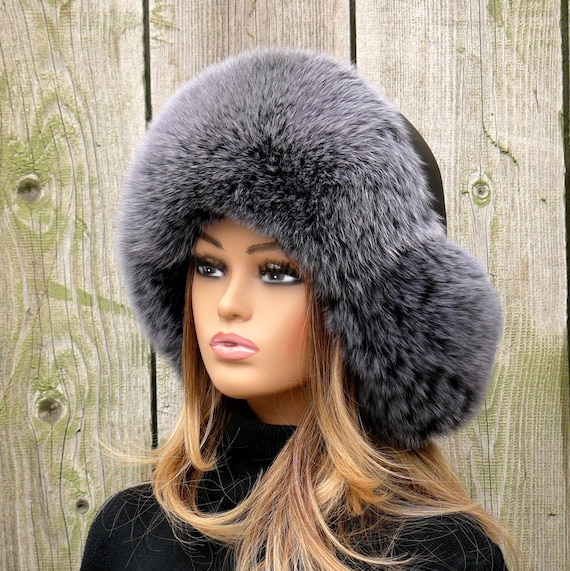 Women's Real Fur Trapper Hat, Fox Fur Aviator Hat, Black Ushanka