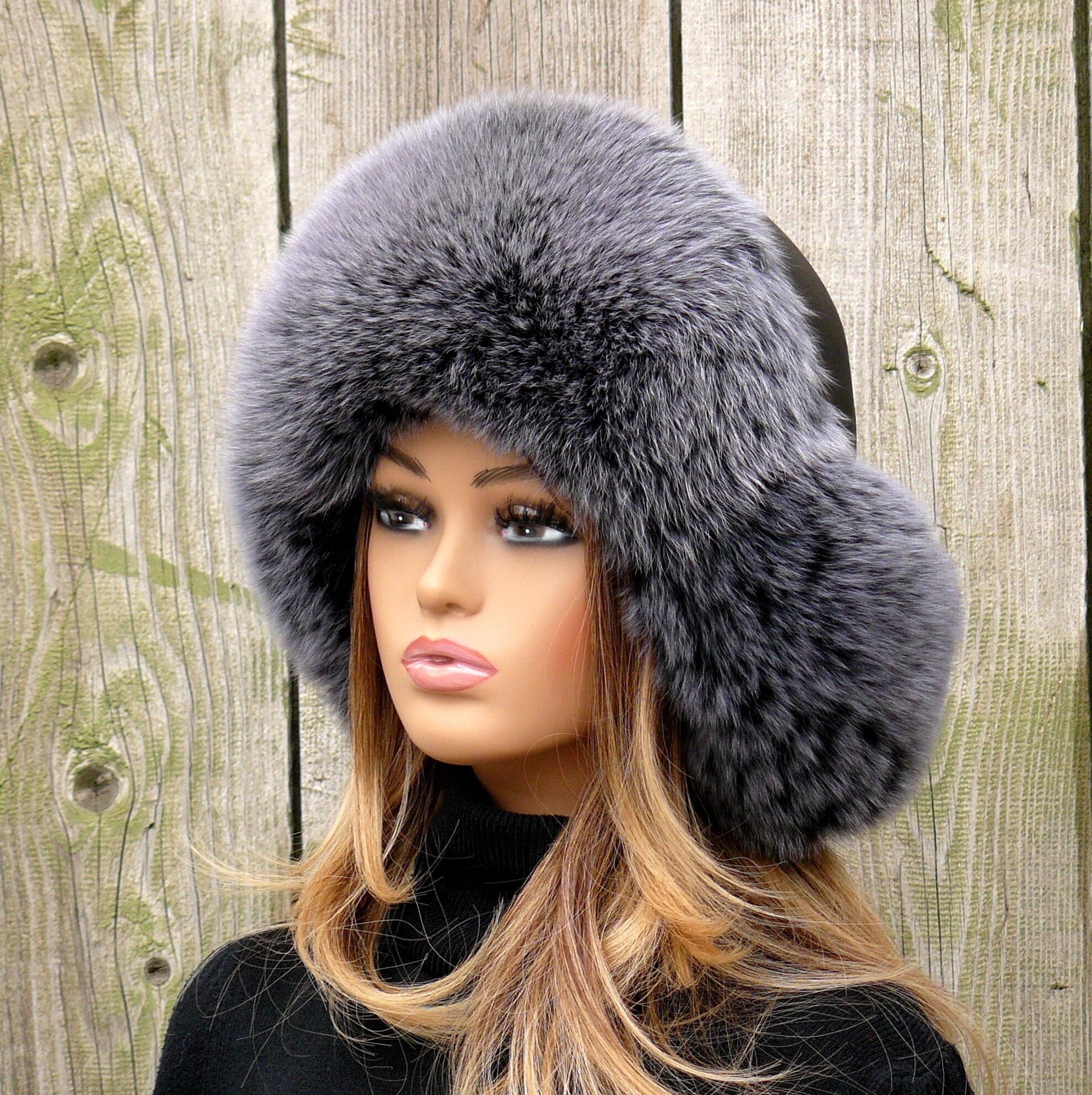 Women's Real Fur Trapper Hat, Fox Fur Aviator Hat, Black Ushanka