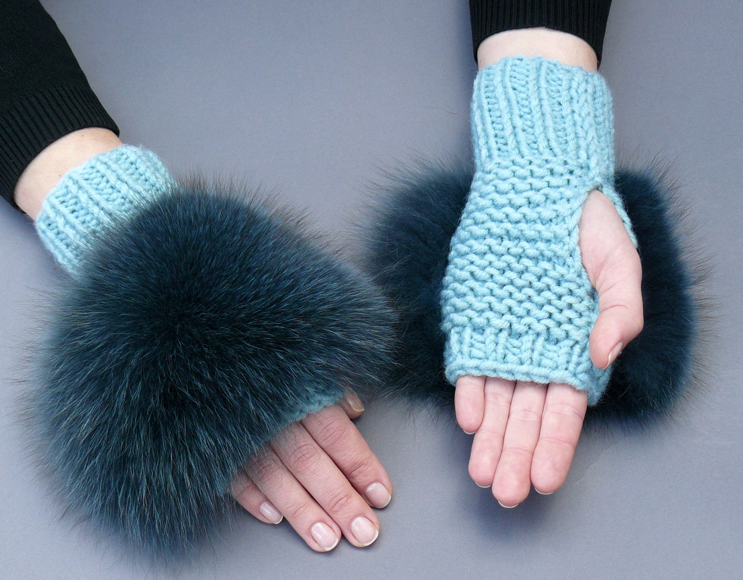 Fingerless Gloves, Pink Knitted Mittens, Fluffy Fox Fur Cuffs