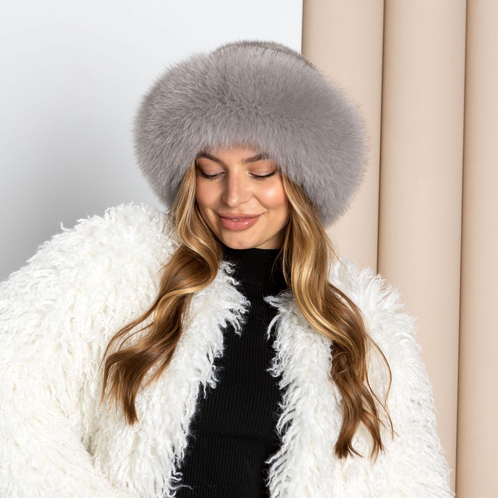 Mink Hat Women, Real Fur Knitted Hat With Fox Fur Trim, Fluffy