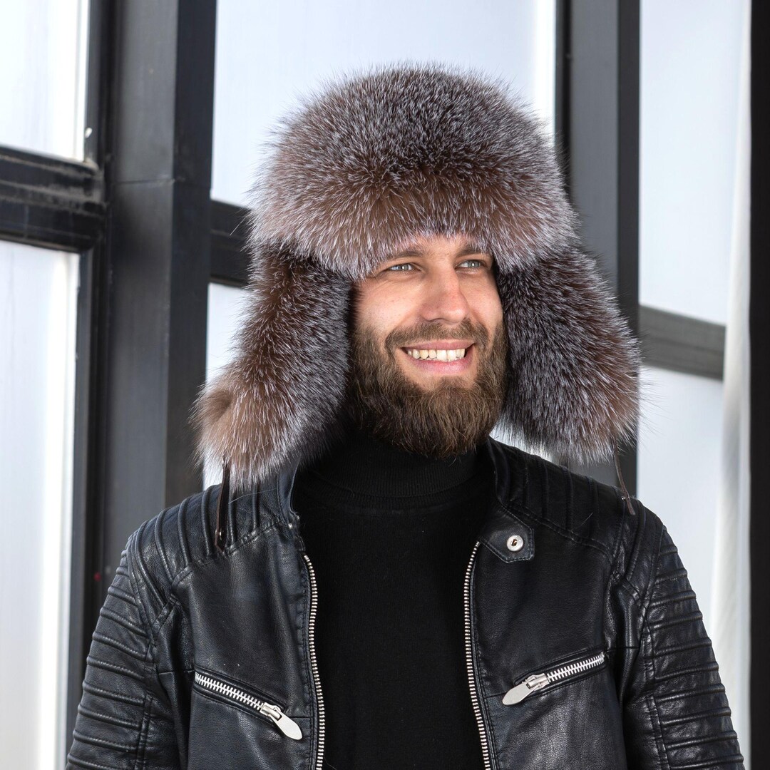 Men's Real Fox Fur Hat, Winter Trapper Hat With Ear Flaps, Warm