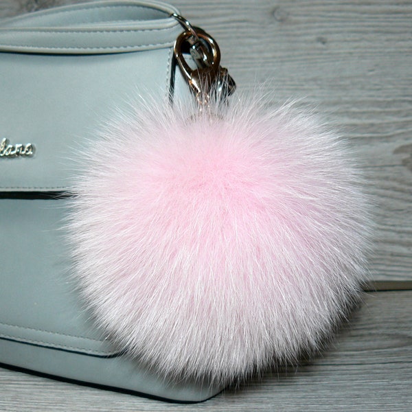 Porte-clés pompon en fourrure rose, breloque de sac porte-clés en fourrure, porte-clés duveteux pour voiture, pompon en fourrure de renard véritable, porte-clés boule de fourrure, cadeau pour elle