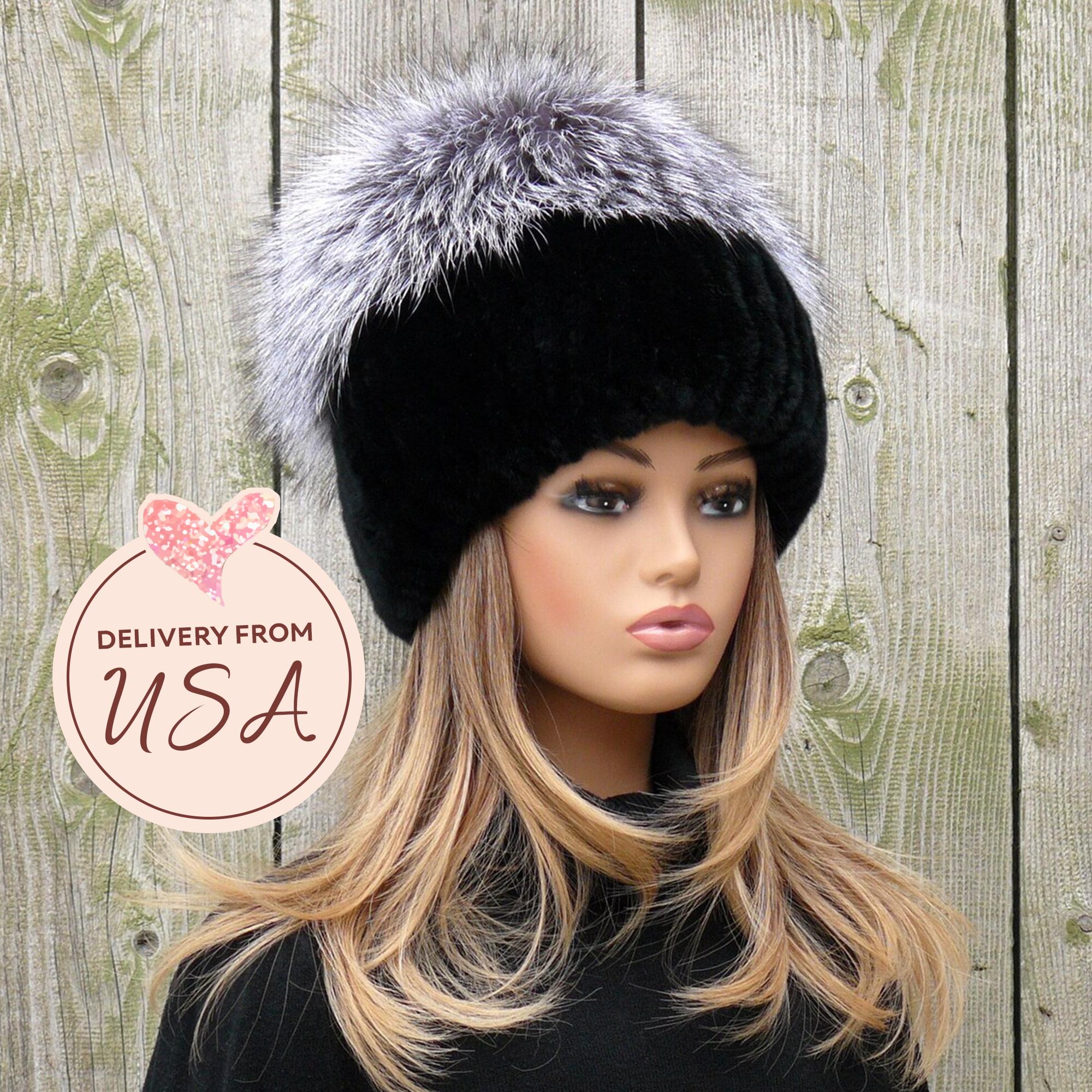 Black Rabbit Fur Hat With Pom Pom, Knitted Beanie Winter Hat