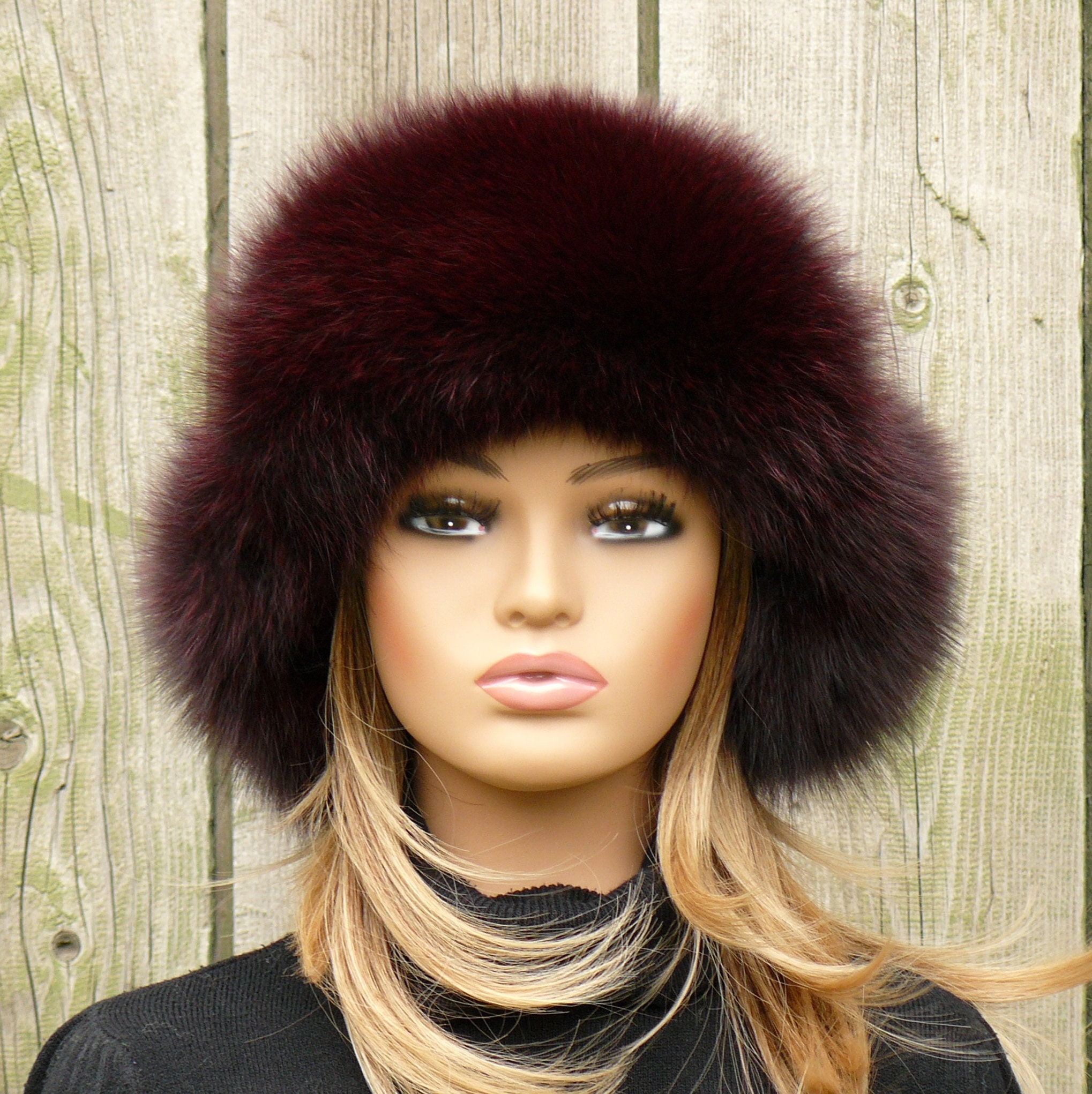Burgundy Fur Trapper Hat With Ear Flaps, Genuine Fox Fur