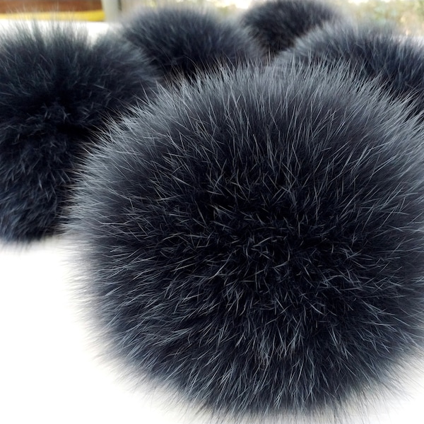 Fox fur pom pom for hat, Blue-grey fur pompom, Large furry ball, Detachable pompon, Hat decoration, Fur accessories, Fluffy bommel