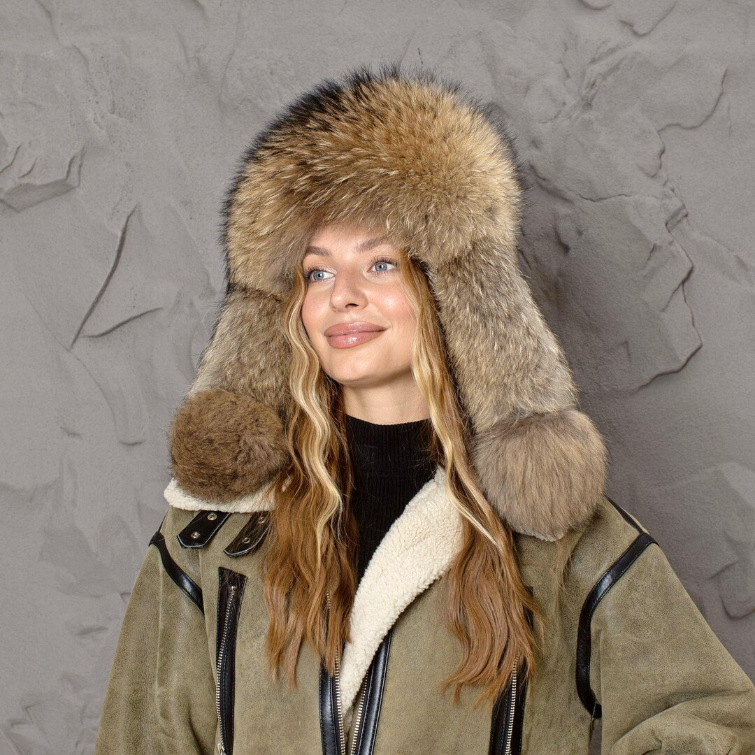 Raccoon Fur Hat, Soft Fluffy Winter Ushanka, Leather Aviator Hat