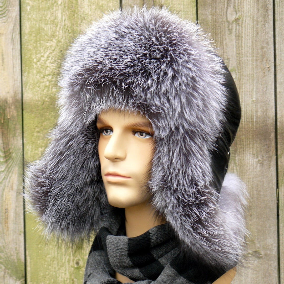 Silver Fox Fur Hat Men, Fuzzy Trapper Hat, Fur Aviator Hat, Real Fur