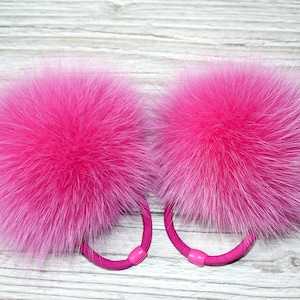 Pink Pom Pom Hair Ties, Hair Accessories, Puff Ponytail Holder, Fluffy Hair Bows, Furry Ball Hair Tie, Toddler Hair Bows, Fox Fur Scrunchies